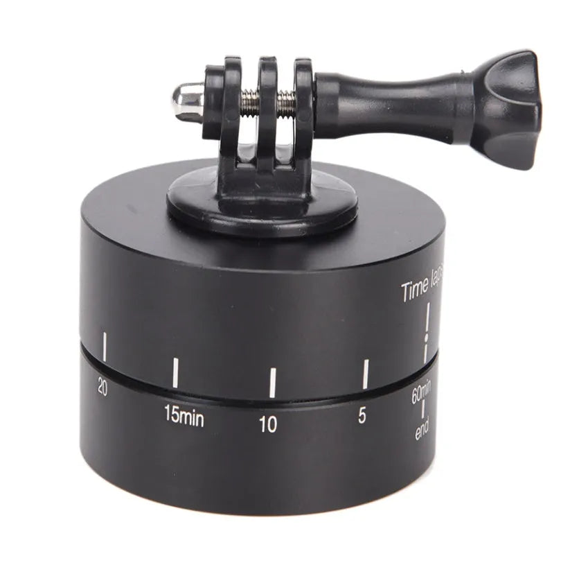 Lapse 360 degree auto rotate camera tripod head base on a black background