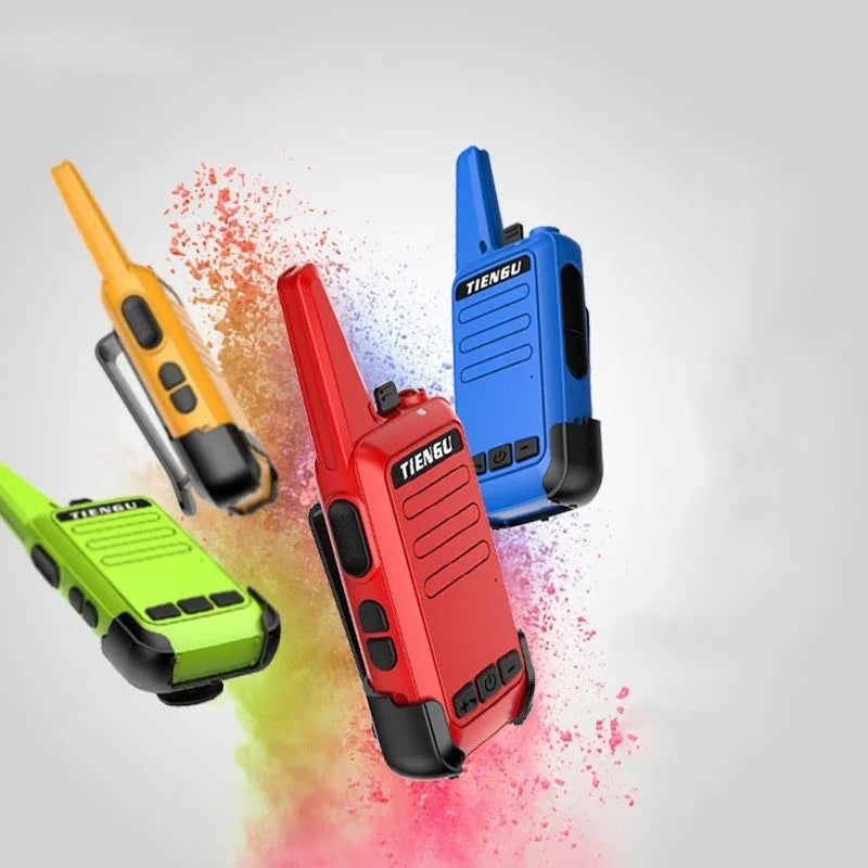 TIENGU Wireless Handheld Radio Intercom in black, showing LED flashlight and back clip on solid background