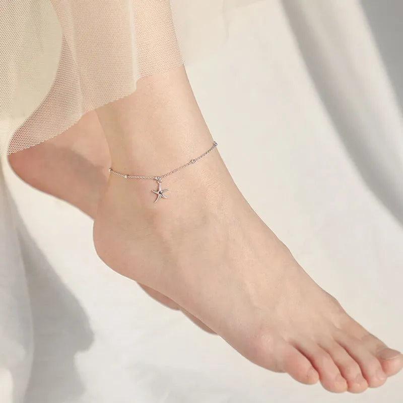 S925 sterling silver anklet with starfish charm and round beads on adjustable chain