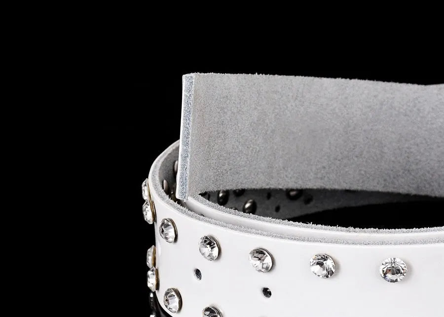 Leather ladies belt with diamond-studded cowhide pin buckle, alloy D-shape buckle, rhinestone mosaic, two-layer cowhide