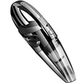 Black portable rechargeable car vacuum cleaner with 120W motor and 2200mAh lithium battery on a white surface
