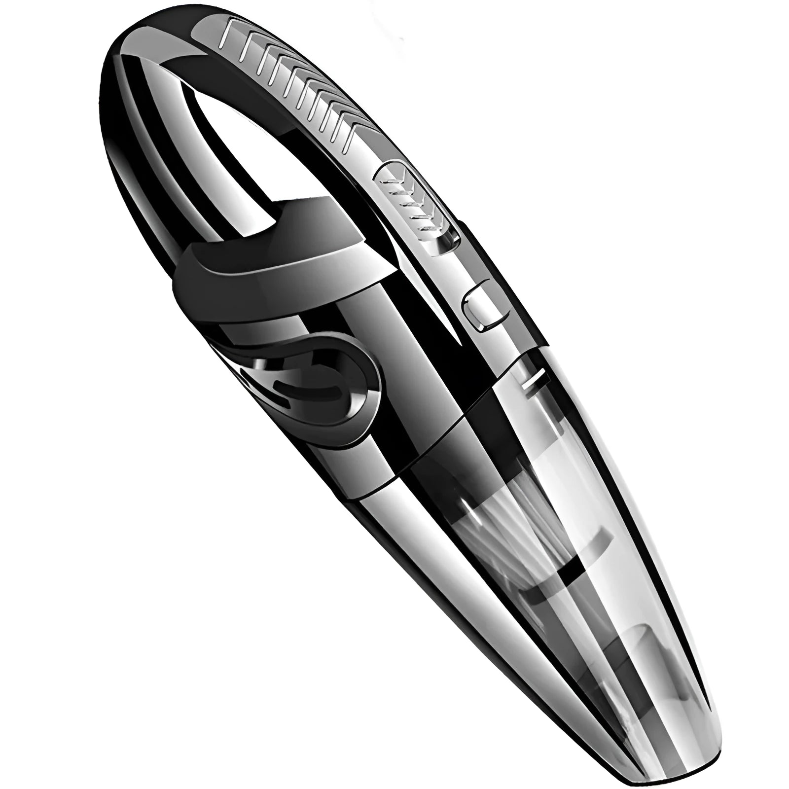 Black portable rechargeable car vacuum cleaner with 120W motor and 2200mAh lithium battery on a white surface