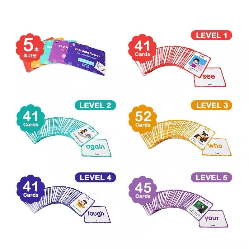 Early childhood educational word card gift box set with 220 vocabulary cards and 5 workbooks