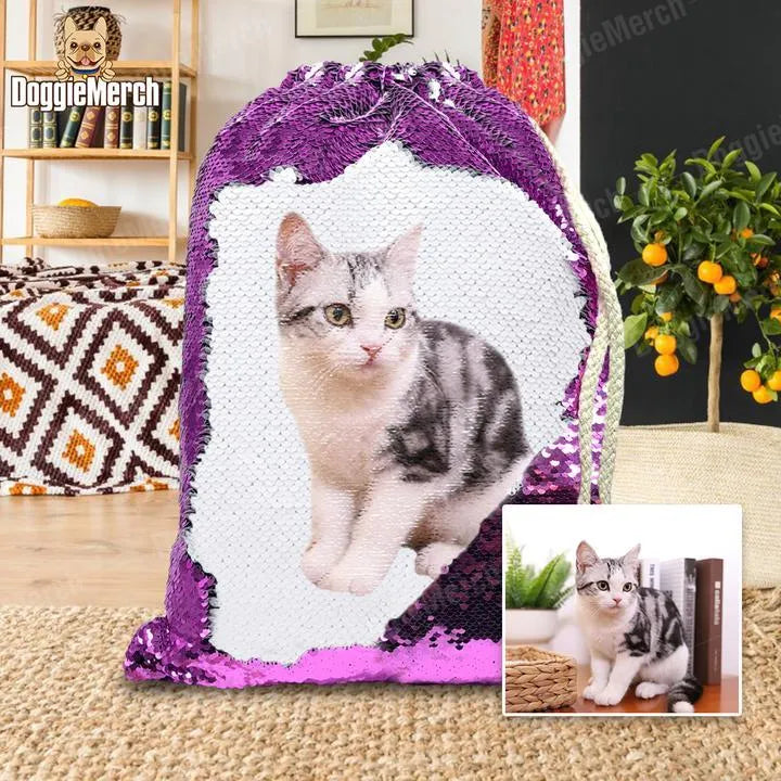 Custom purple sequins backpack with dog photo print and drawstring closure