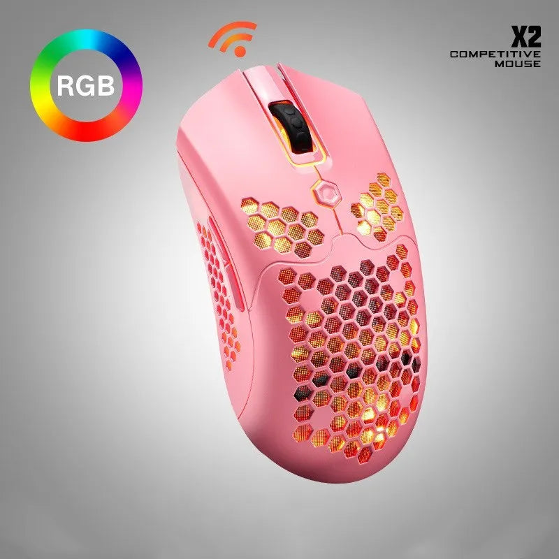 Free Wolf X2 wireless gaming mouse in black with RGB lighting, showing ergonomic shape and side buttons.