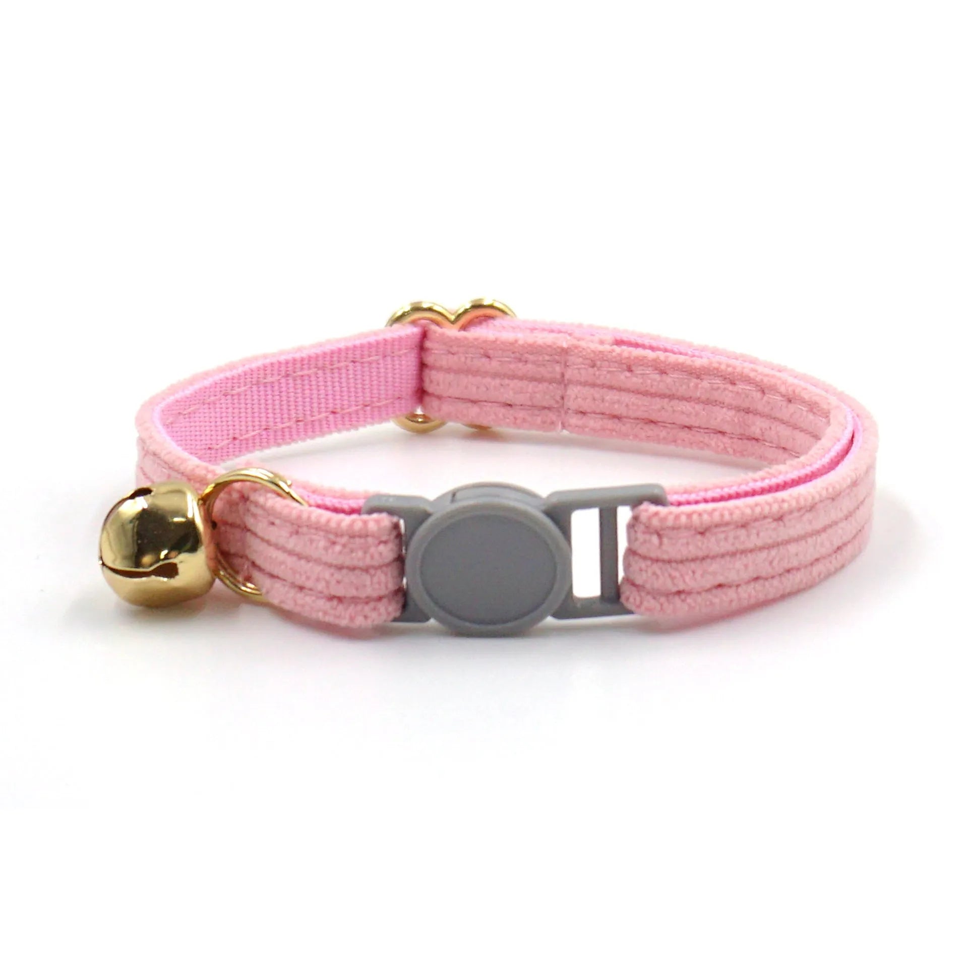 Cloth safety buckle cat collar with bell in brown corduroy on a cat