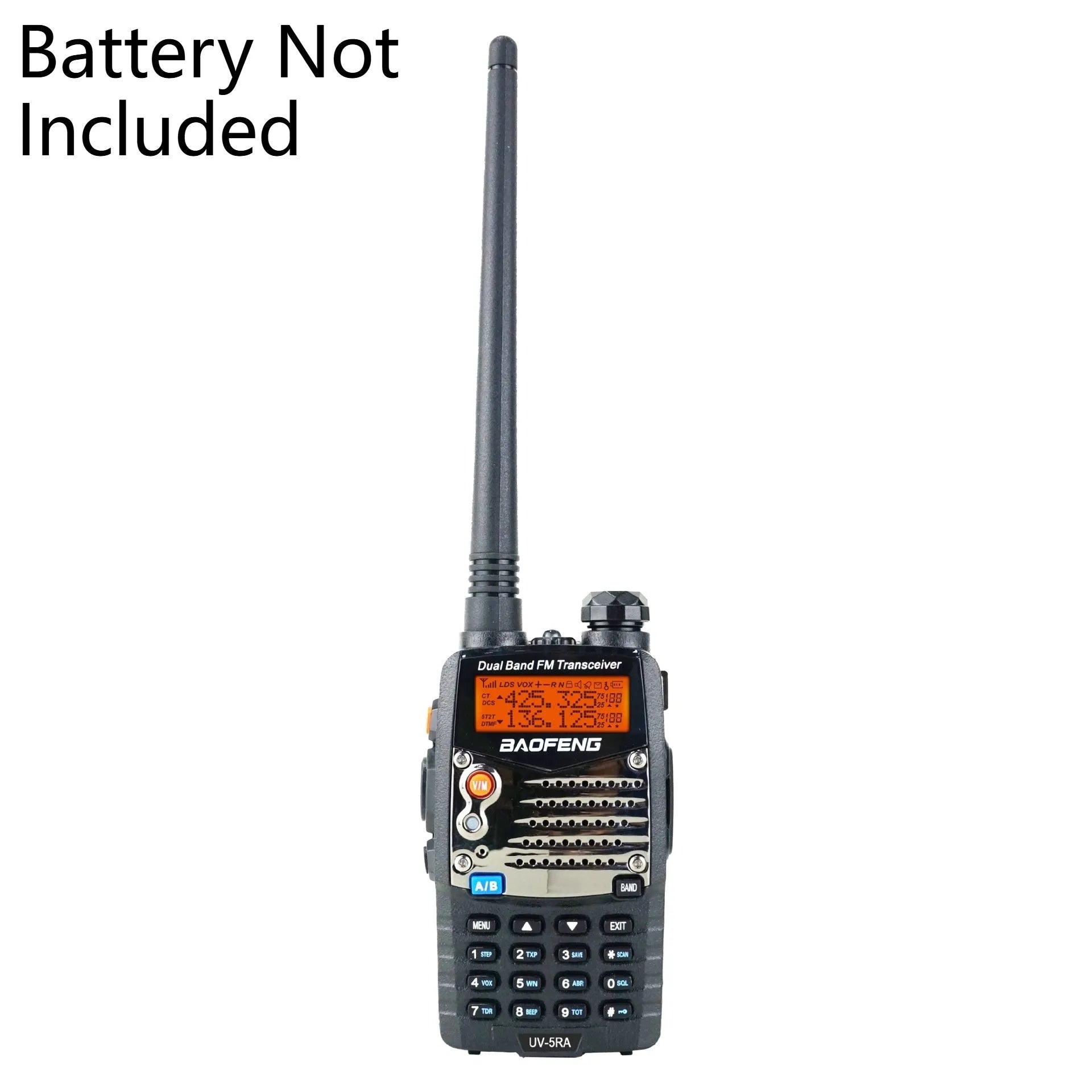 Baofeng UV-5RA black handheld dual-band radio with display screen and antenna.