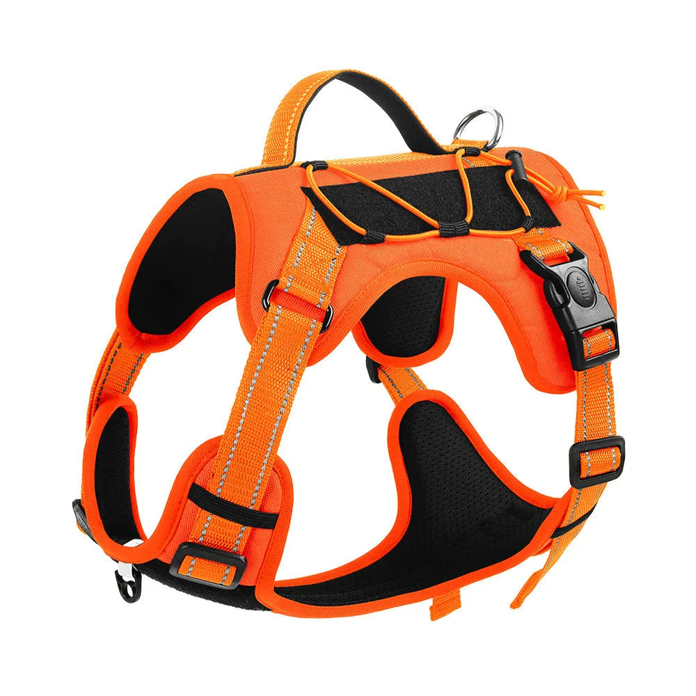 Reflective dog harness vest with integrated hand-holding rope leash in orange colour showing explosion-proof chest strap design