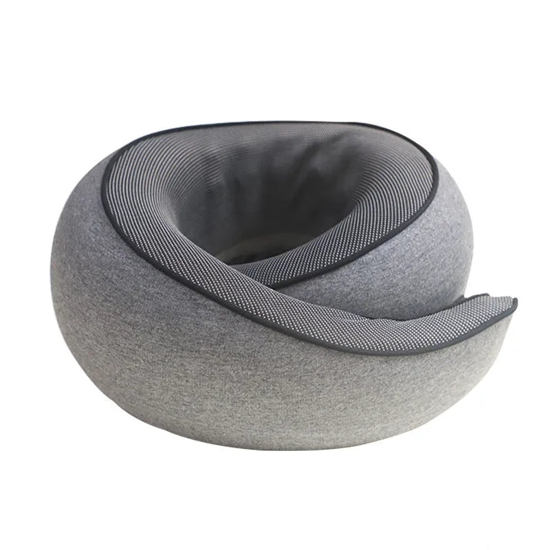 Dark Grey U-shaped memory foam travel neck pillow with storage bag.