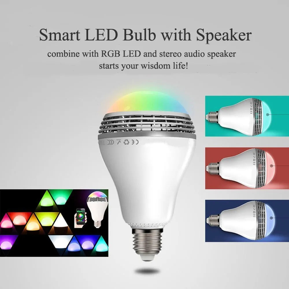 White E27 LED smart bulb with integrated Bluetooth speaker, dimensions 100x150mm.