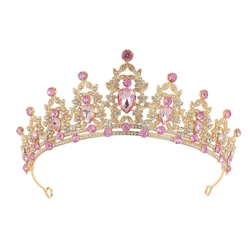 Baroque-style bride crown headdress made of alloy with rhinestone decoration in silver and gold colour options.