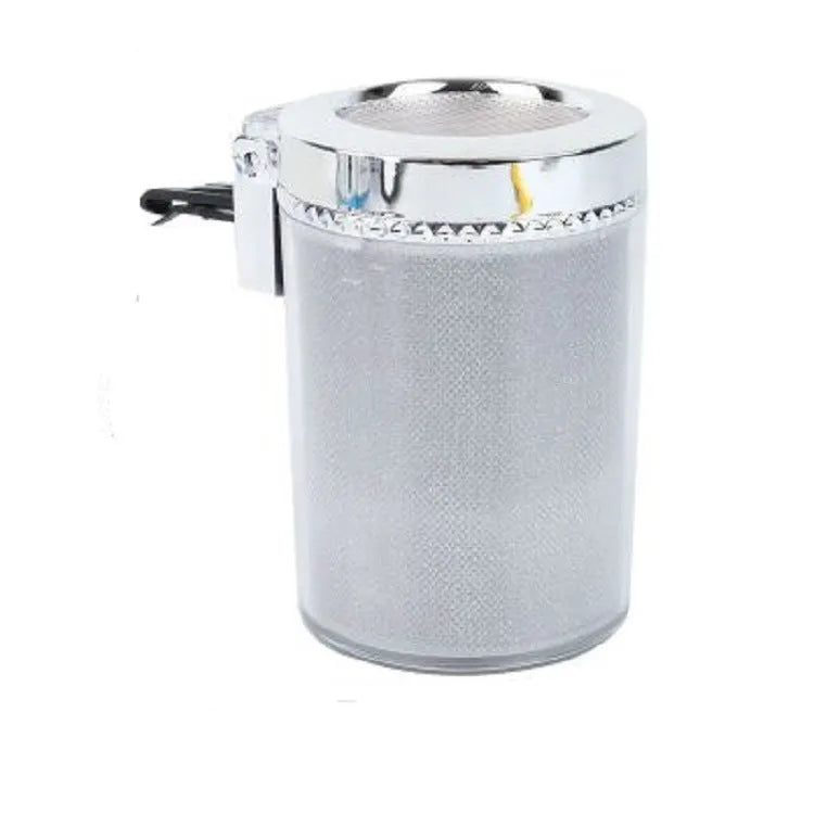 Silver ABS car ashtray with RGB LED lights, lid closed, compact 10x8x6cm