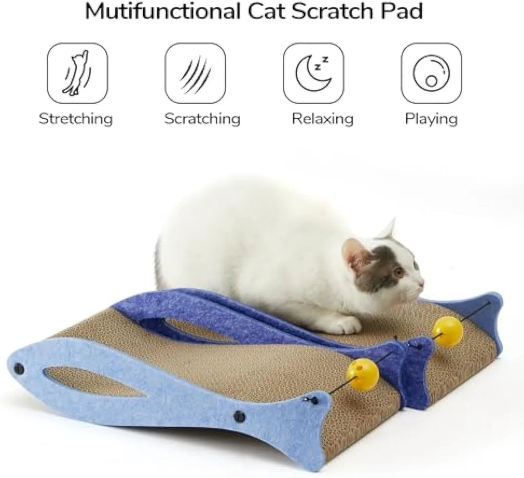 Blue fish-shaped cardboard cat scratcher lounge with a hanging ball toy for cats.