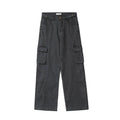 Women's washed cotton straight-leg overalls in black with mid-waist and pocket decoration