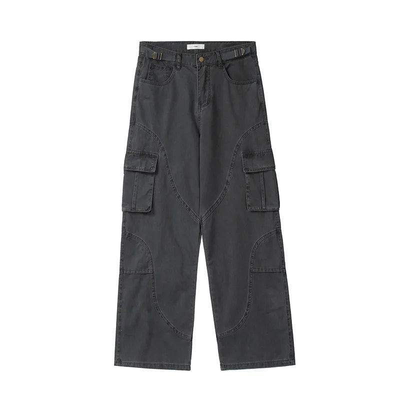 Women's washed cotton straight-leg overalls in black with mid-waist and pocket decoration