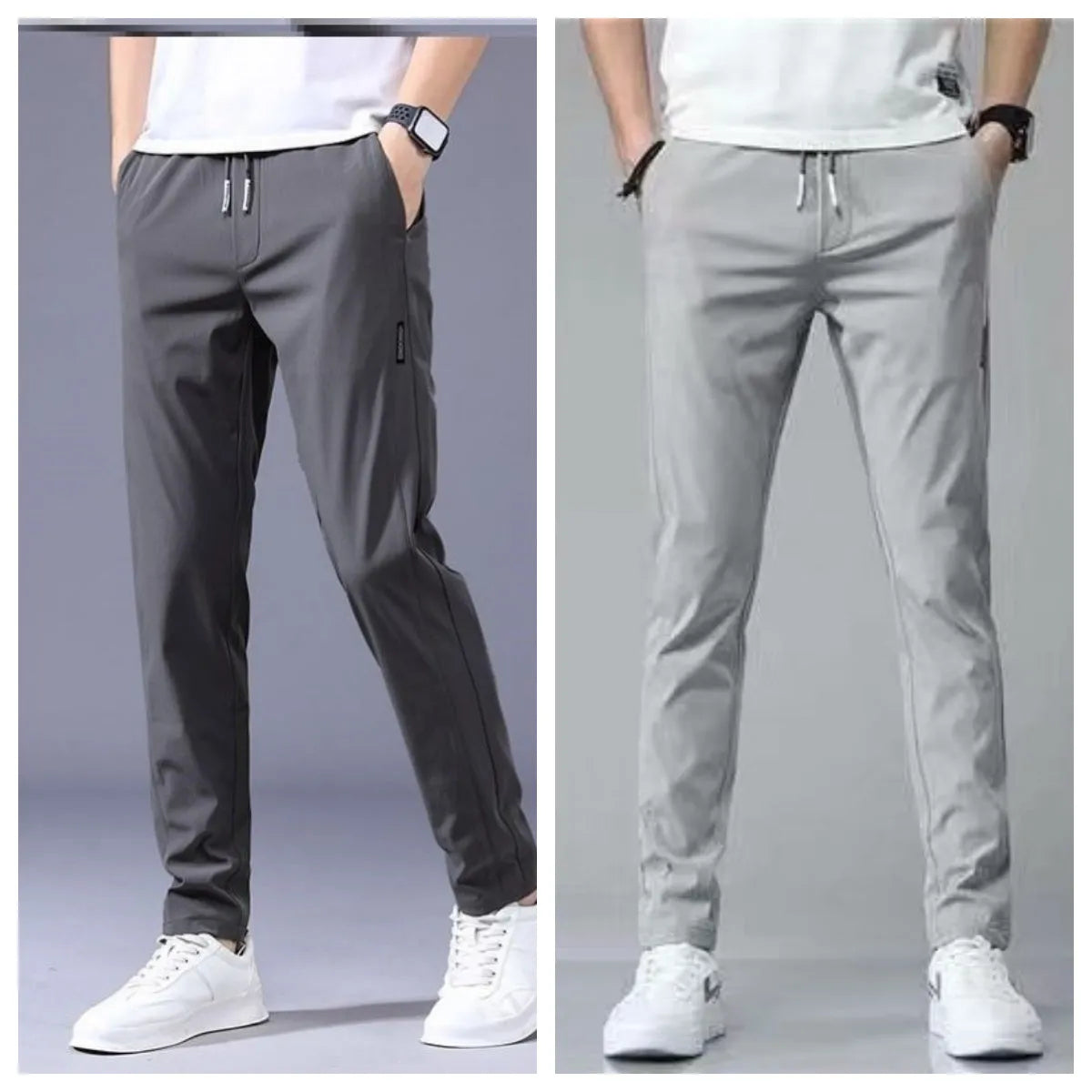 Men's Khaki drawstring trousers with loose straight leg and elastic waist, Korean casual style