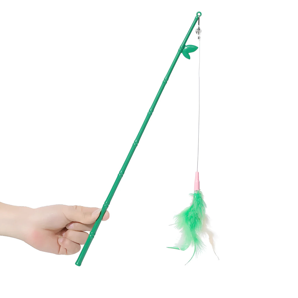 Green interactive cat feather wand toy with bells and feathers on a durable string