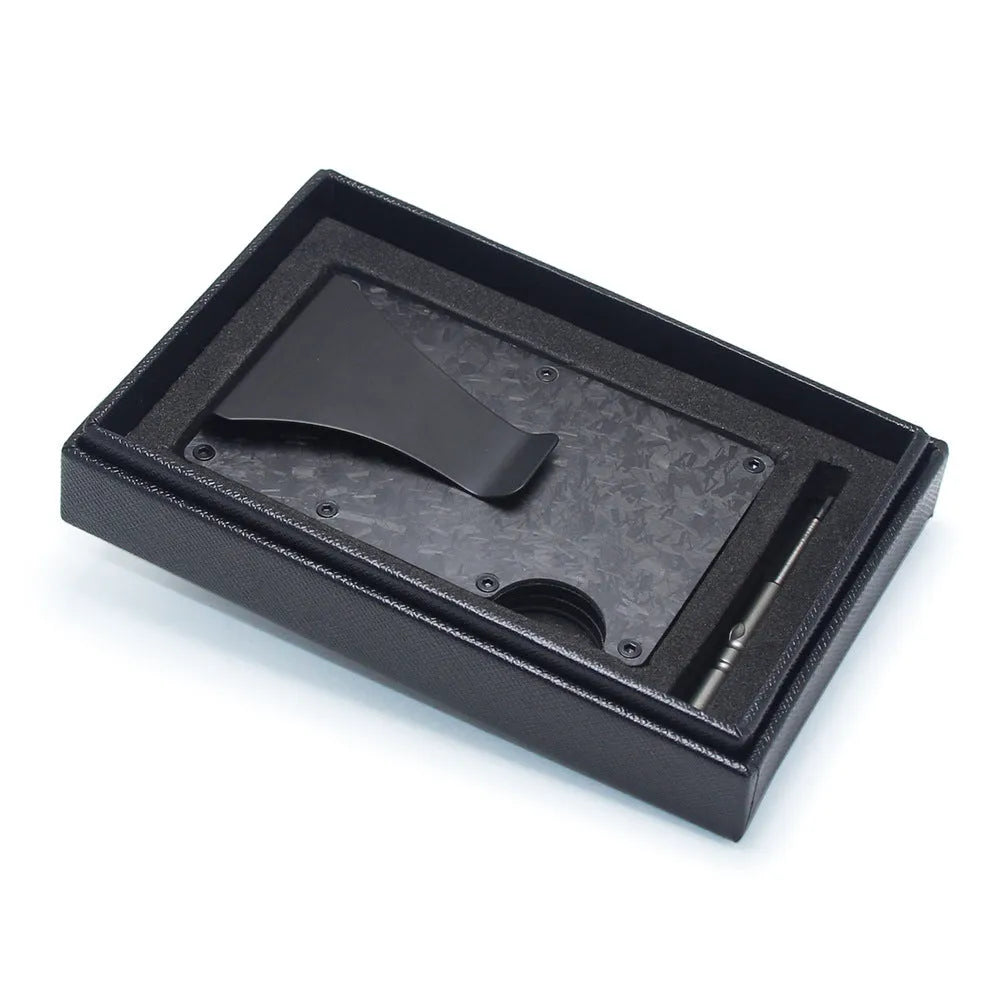 Geometric aluminium carbon fibre card holder with 8mm thickness showing black silver red colour options
