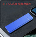 Sapphire blue portable metal external hard drive with USB cable on a white background.