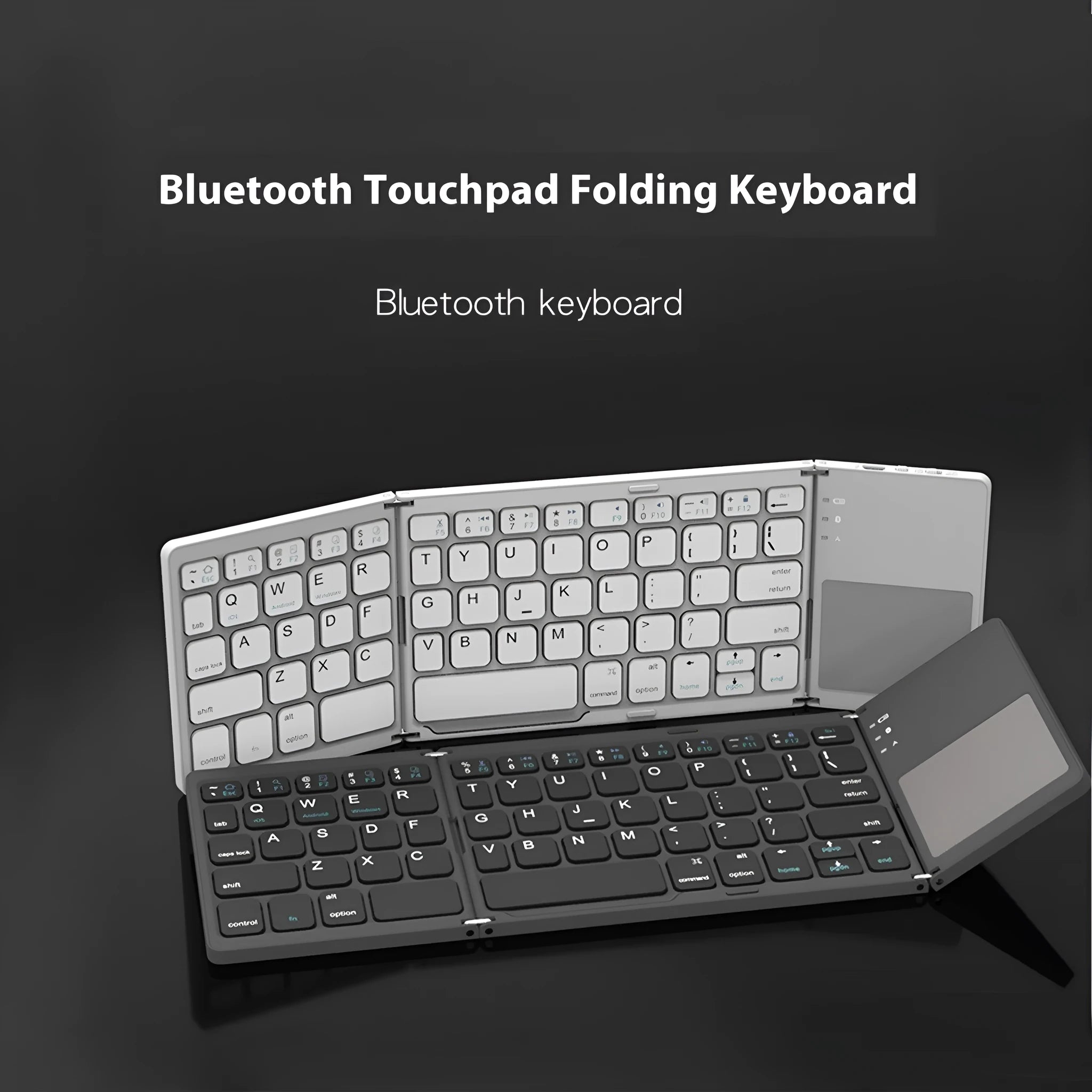 Black tri-fold Bluetooth keyboard shown folded to 30.2cm portable size next to smartphone