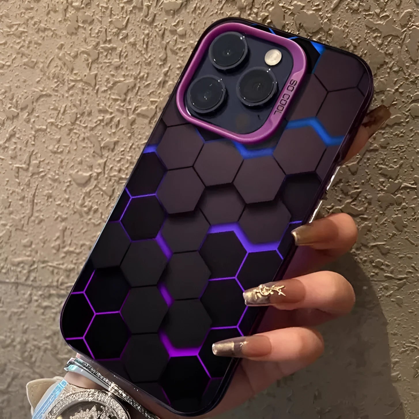 Frosted protective phone case for Apple iPhone with honeycomb texture in Moonlight Black colour.