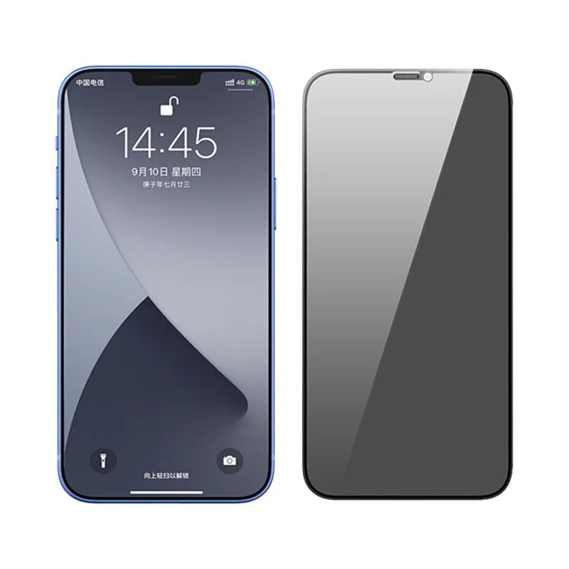 iPhone tempered glass screen protector with dustproof net edge and privacy filtering option applied to iPhone 14