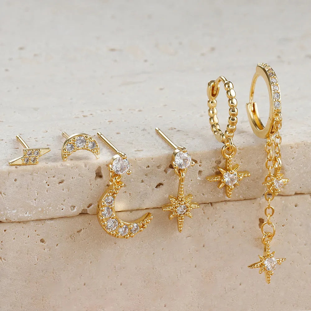 XingX six pairs of gold chain tassel drop earrings with zircon stones on copper