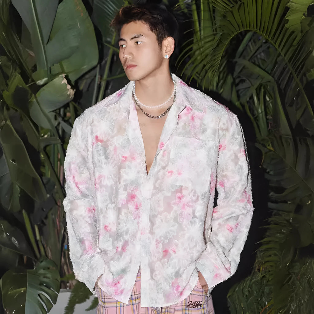 Long sleeve floral shirt with embossed three-dimensional pattern in polyester blend fabric available in pink or blue