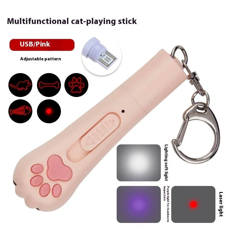 Rechargeable infrared cat teasing stick with laser patterns, shown in blue colour with cat footprints design.