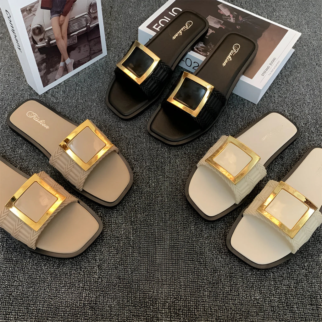 Women's flat summer slippers in apricot, black or khaki with PVC soles
