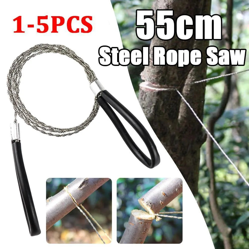 Manual cutting chain saw with handle and wire rope on white background, hand tool for garden pruning