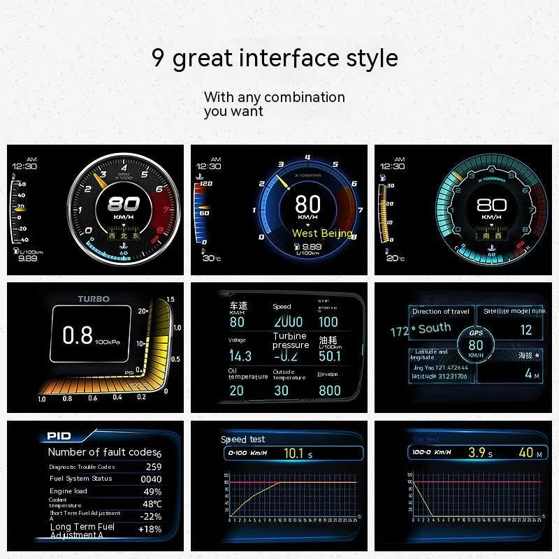 OBDII vehicle monitor with GPS Beidou navigation on car dashboard showing engine data and map display