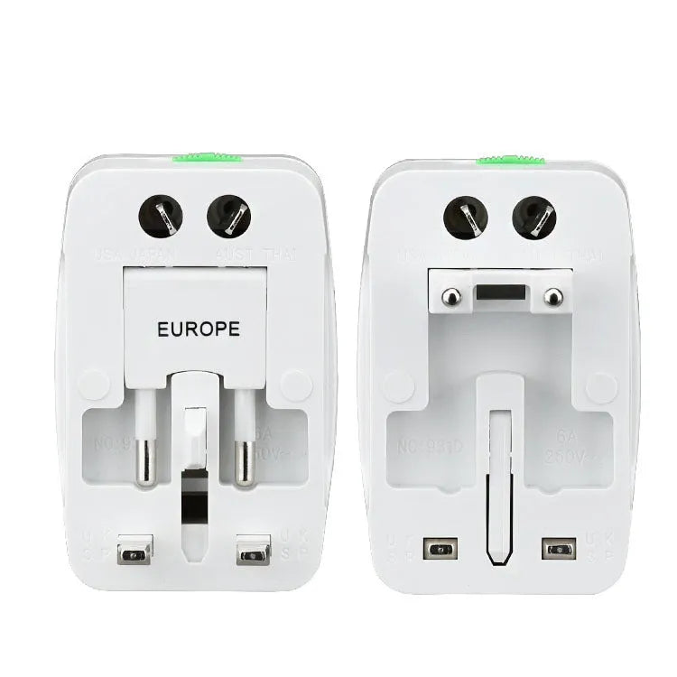White universal travel plug adapter with two USB ports and flat-top socket showing AU, EU, US, UK plug compatibility