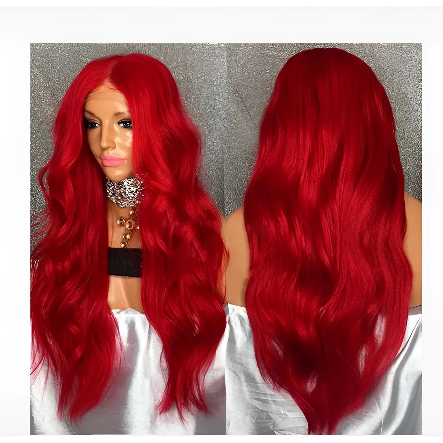 Long curly red female wig on stand with 26 inch length and half hand-woven construction
