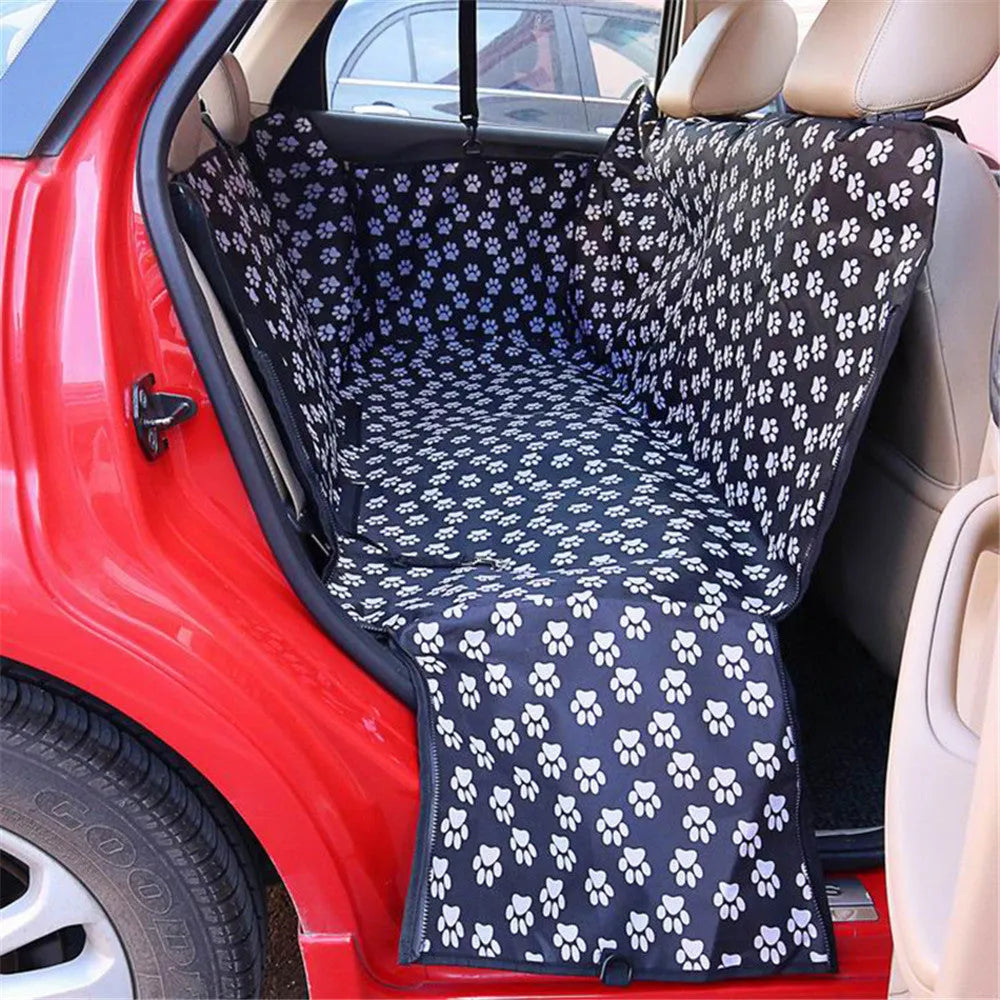 Car back seat cover for pet dog hammock in black Oxford cloth with clasp belt and foldable design