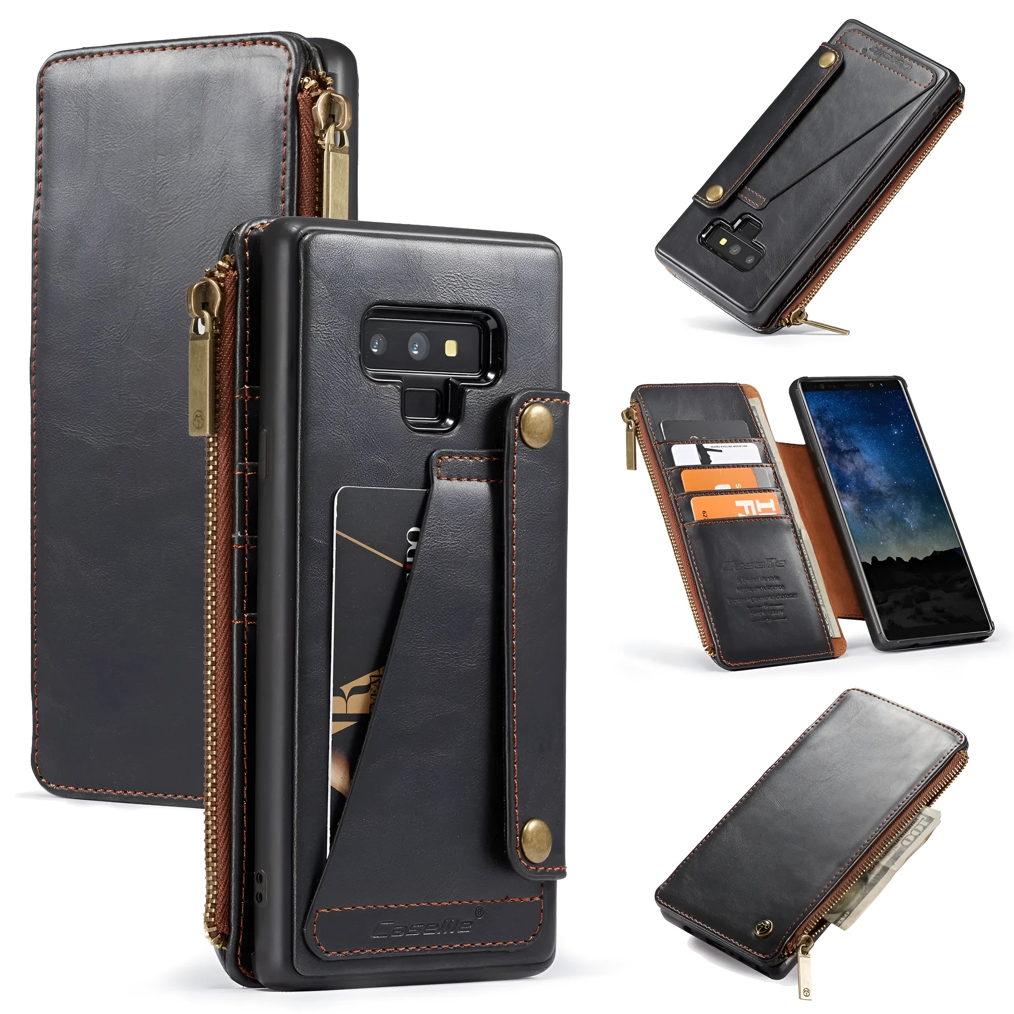 Black PU leather flip phone case for Samsung Note9 showing front cover closed.