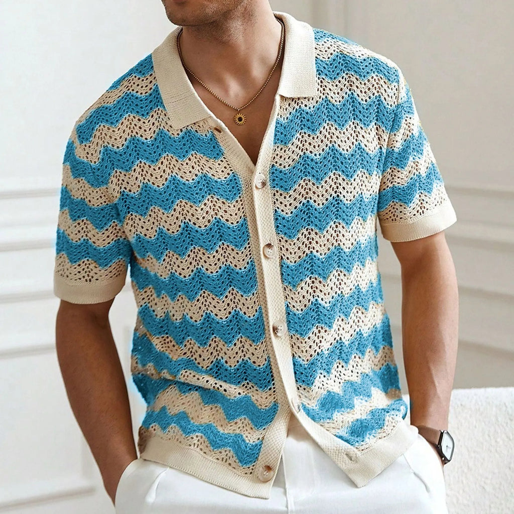 Short sleeve summer sweater with hollow jacquard corrugated flocking design in Tencel fabric