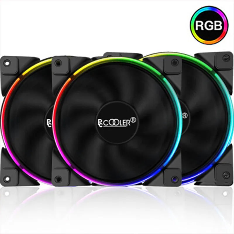 Three black 120mm RGB computer case cooling fans with fan blades and square frame.