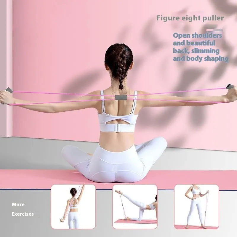 Yoga four piece fitness set showing leg stretching device, yoga ring, pedal puller, and figure eight tension rope