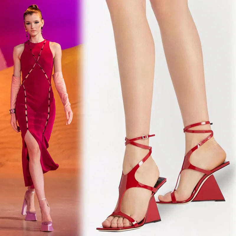 Black women's strappy high heel sandals with a square toe and ankle buckle on a 9.5cm rubber heel.