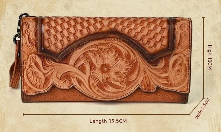 Women's Chinese-style embossed leather tri-fold wallet in retro brown with floral pattern detailing