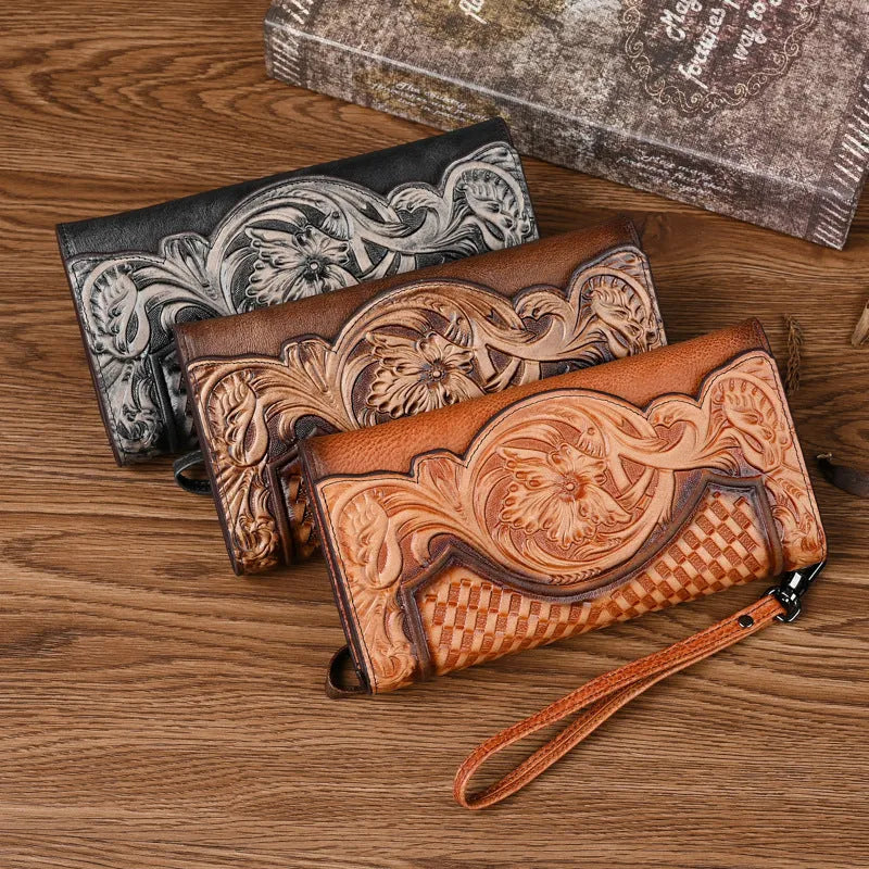 Women's Chinese-style embossed leather tri-fold wallet in retro brown with floral pattern detailing