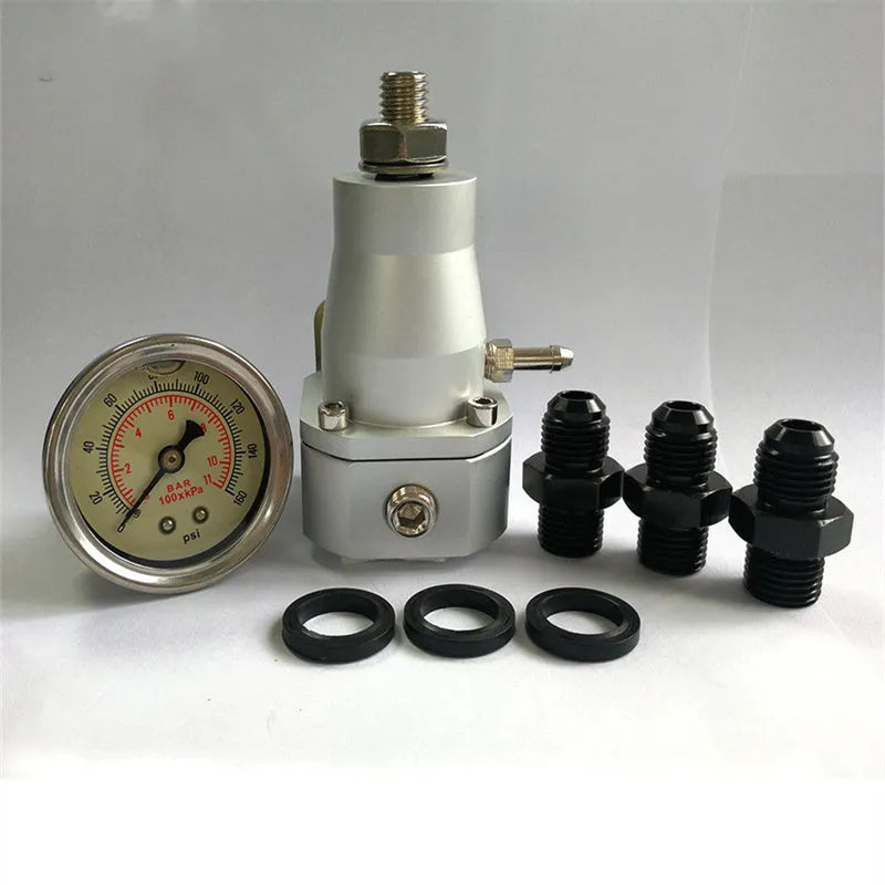 Black CNC aluminium fuel pressure regulator with adjustment dial and oil strap for car fuel systems