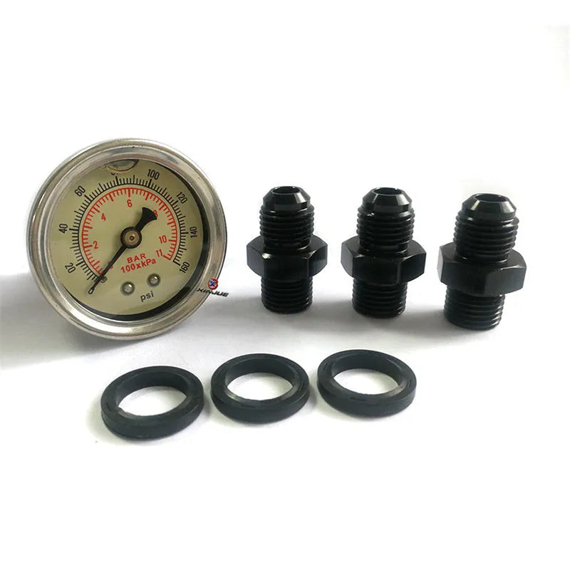 Black CNC aluminium fuel pressure regulator with adjustment dial and oil strap for car fuel systems