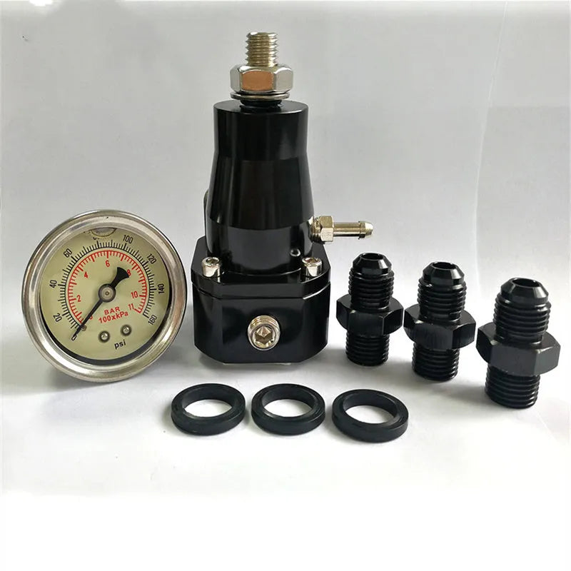 Black CNC aluminium fuel pressure regulator with adjustment dial and oil strap for car fuel systems