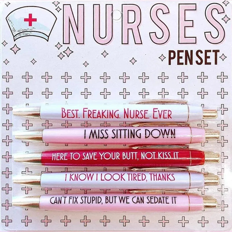 Set of five plastic retractable ballpoint pens with nurse-themed text and slogans.