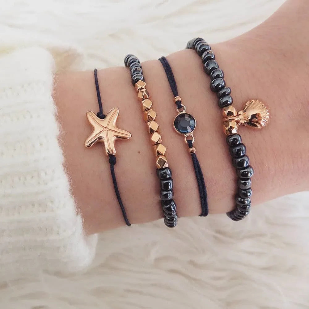 Bohemian bracelet set with alloy vintage bead and boho charm design in bow love style for women