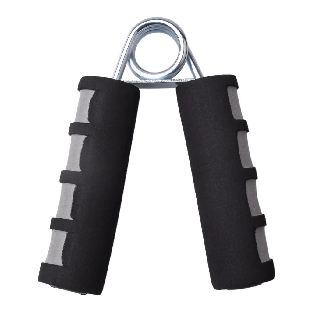 Hand training spring grip with foam handle in black grey for finger and forearm strength