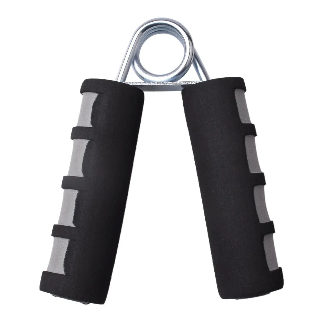 Hand training spring grip with foam handle in black grey for finger and forearm strength
