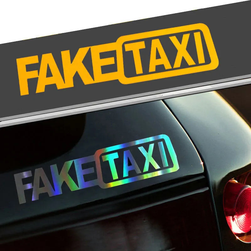 FAKE TAXI car warning sticker in black, white, and yellow, measuring 20cm by 8cm.